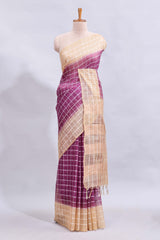 Magenta checked linen cotton saree with contrast border and striped blouse