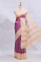 Magenta checked linen cotton saree with contrast border and striped blouse