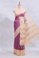 Magenta checked linen cotton saree with contrast border and striped blouse