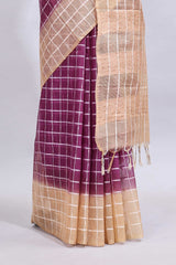 Magenta checked linen cotton saree with contrast border and striped blouse