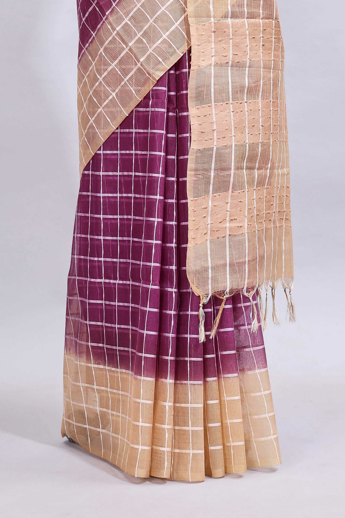 Magenta checked linen cotton saree with contrast border and striped blouse