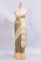 Green checked linen cotton saree with contrast border and striped blouse