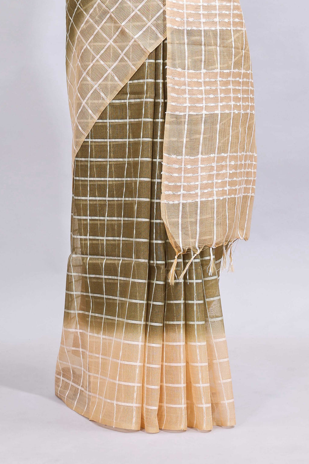 Green checked linen cotton saree with contrast border and striped blouse