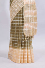 Green checked linen cotton saree with contrast border and striped blouse
