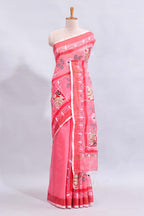 Pink floral design linen cotton saree with contrast border and matching blouse