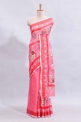 Pink floral design linen cotton saree with contrast border and matching blouse