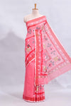 Pink floral design linen cotton saree with contrast border and matching blouse