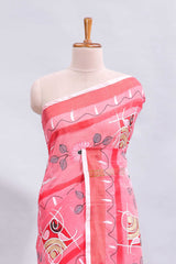 Pink floral design linen cotton saree with contrast border and matching blouse
