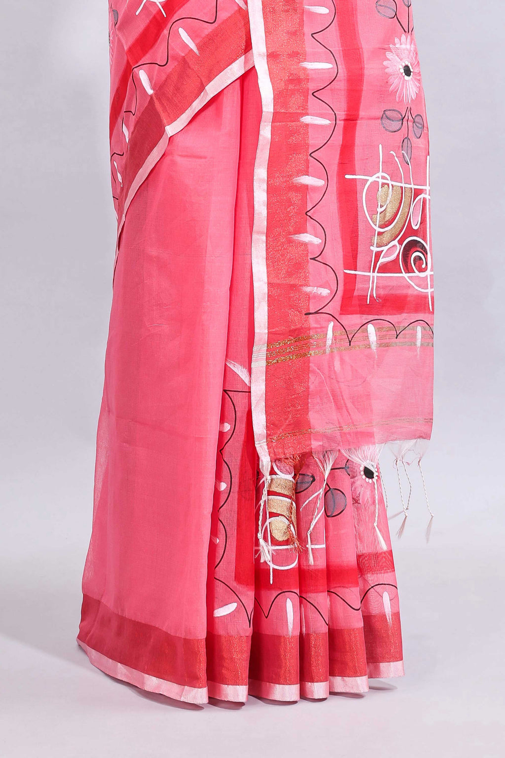 Pink floral design linen cotton saree with contrast border and matching blouse