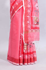 Pink floral design linen cotton saree with contrast border and matching blouse