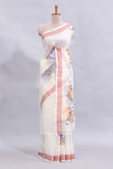 White floral design linen cotton saree with contrast border and matching blouse