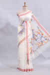 White floral design linen cotton saree with contrast border and matching blouse