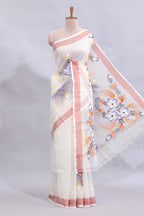 White floral design linen cotton saree with contrast border and matching blouse