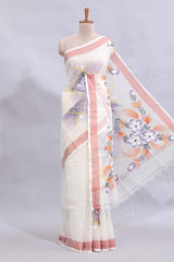 White floral design linen cotton saree with contrast border and matching blouse