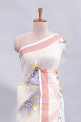 White floral design linen cotton saree with contrast border and matching blouse