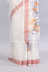 White floral design linen cotton saree with contrast border and matching blouse