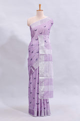 Lavender unique motifs design linen cotton saree with self border and striped blouse