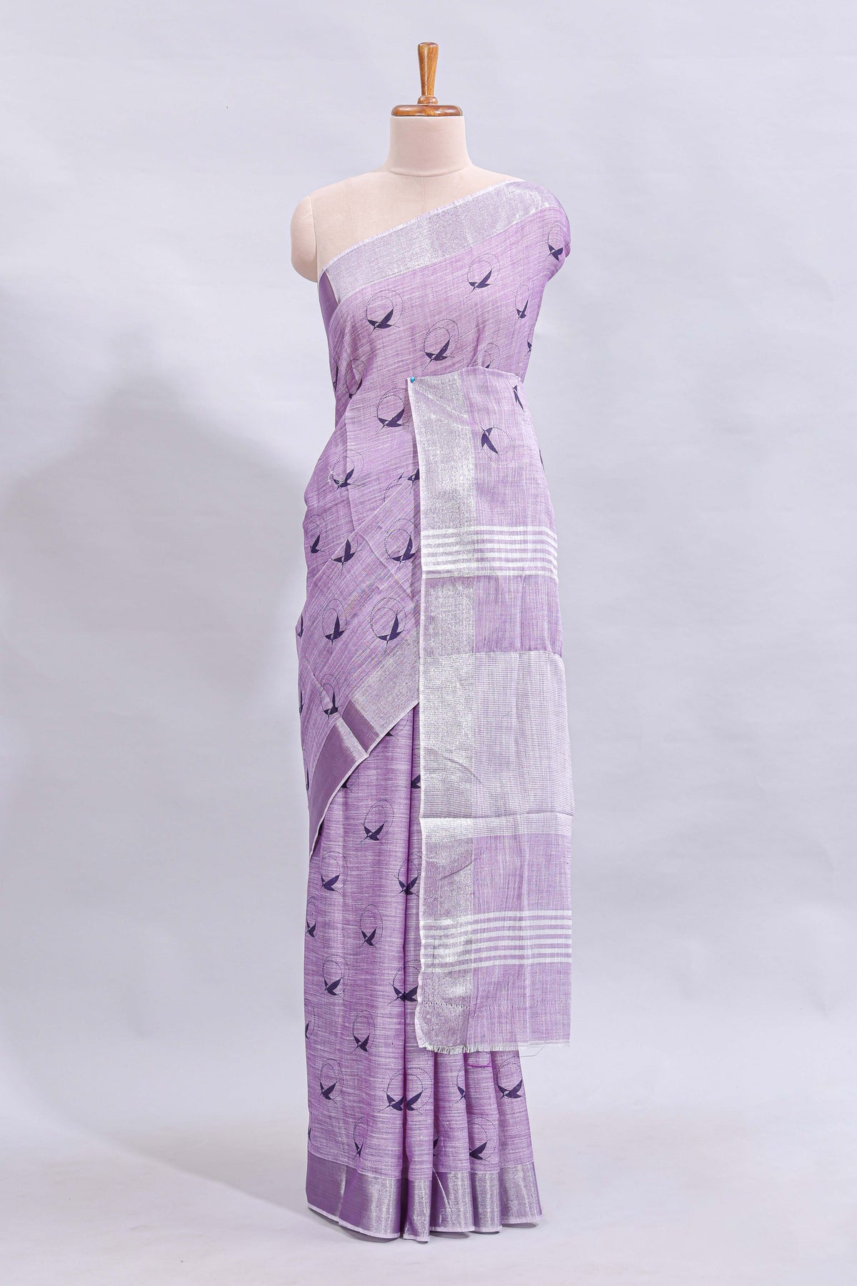 Lavender unique motifs design linen cotton saree with self border and striped blouse