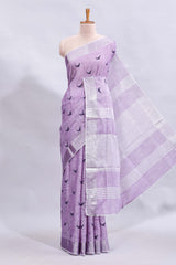 Lavender unique motifs design linen cotton saree with self border and striped blouse