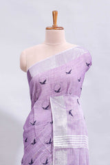 Lavender unique motifs design linen cotton saree with self border and striped blouse