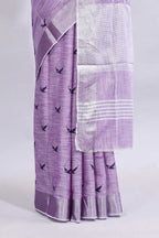 Lavender unique motifs design linen cotton saree with self border and striped blouse