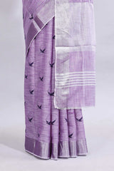 Lavender unique motifs design linen cotton saree with self border and striped blouse