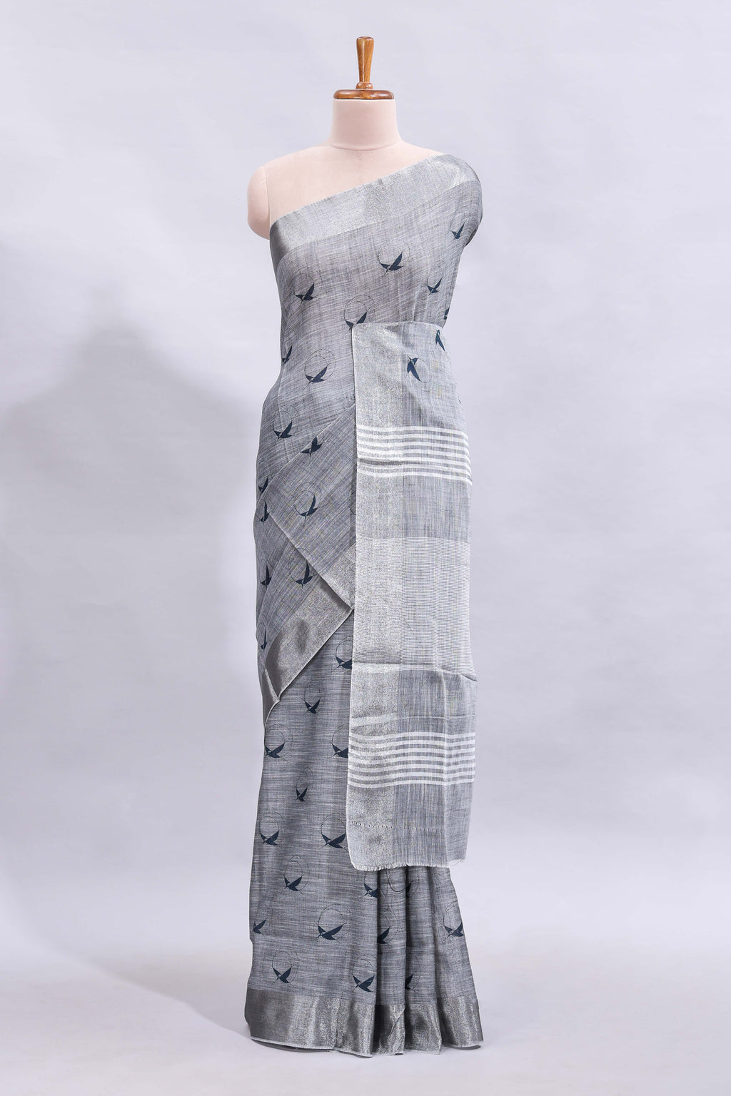 Grey unique motifs design linen cotton saree with self border and striped blouse