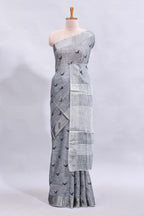 Grey unique motifs design linen cotton saree with self border and striped blouse