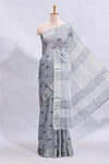 Grey unique motifs design linen cotton saree with self border and striped blouse
