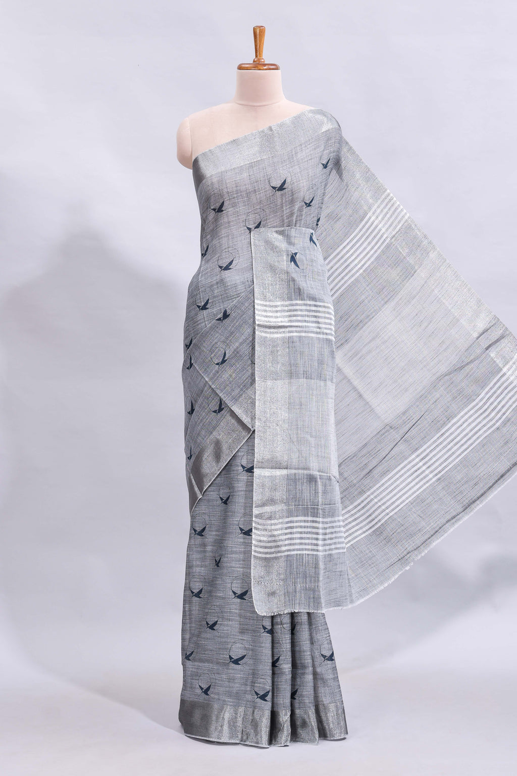 Grey unique motifs design linen cotton saree with self border and striped blouse