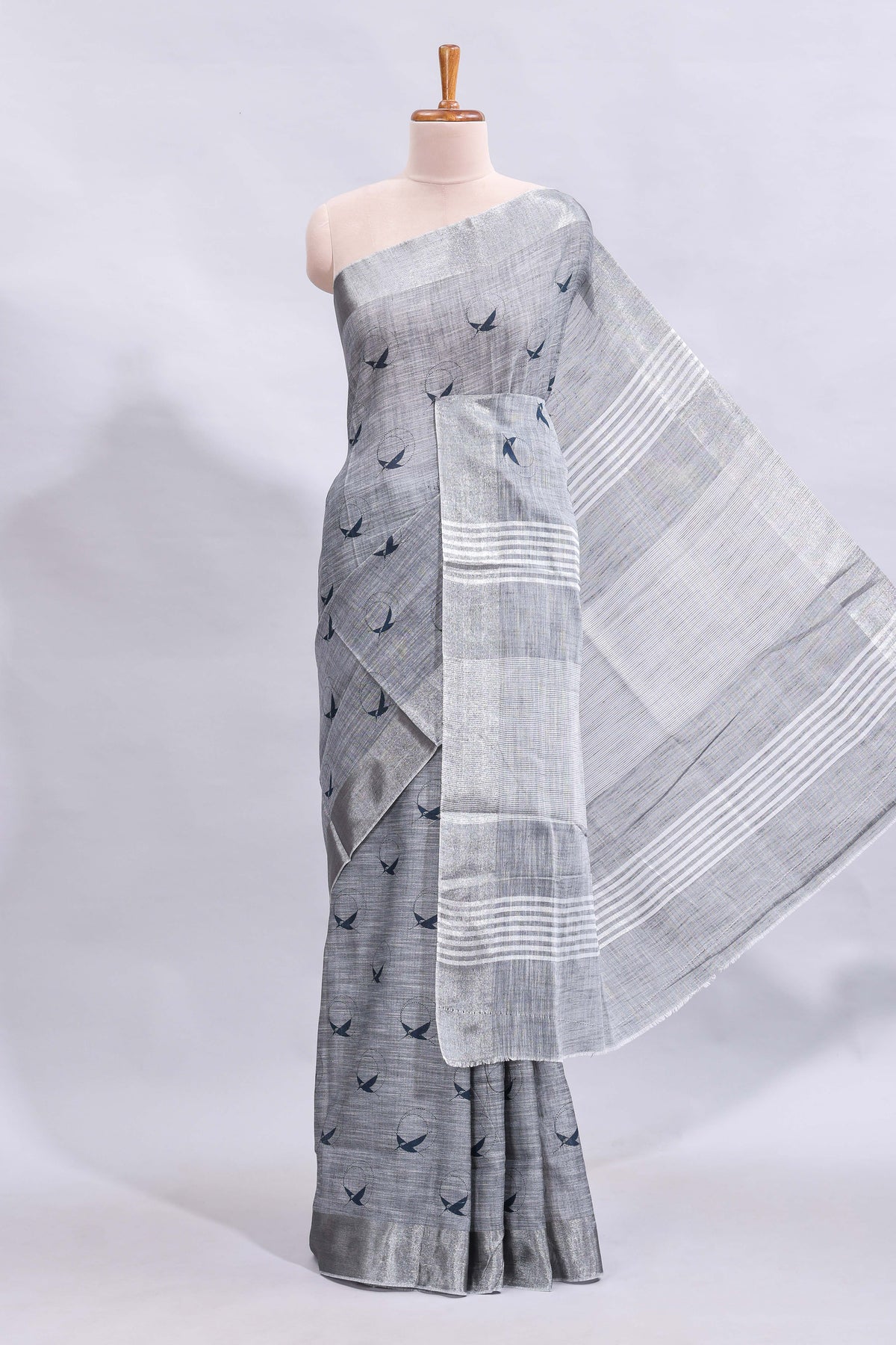 Grey unique motifs design linen cotton saree with self border and striped blouse