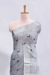 Grey unique motifs design linen cotton saree with self border and striped blouse