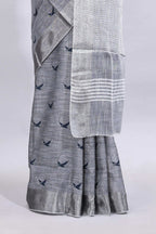 Grey unique motifs design linen cotton saree with self border and striped blouse