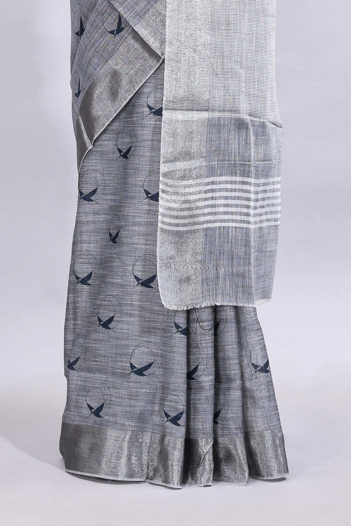 Grey unique motifs design linen cotton saree with self border and striped blouse