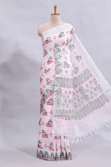 Light pink traditional home theme design linen cotton saree with contrast border and matching blouse