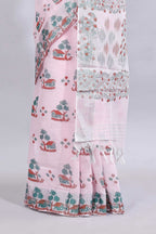 Light pink traditional home theme design linen cotton saree with contrast border and matching blouse