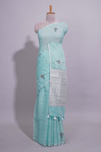 Light Blue unique motifs design linen cotton saree with self border and matching plain blouse