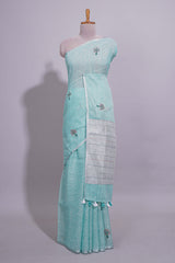 Dark Green and Grey Striped Linen Cotton Saree with Self Border and Matching Plain Blouse
