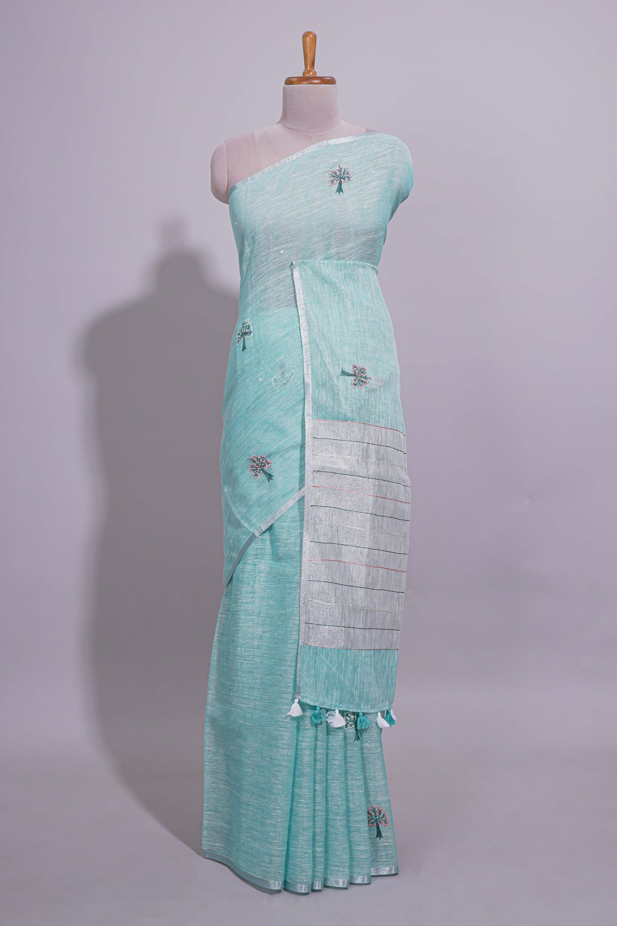 Dark Green and Grey Striped Linen Cotton Saree with Self Border and Matching Plain Blouse
