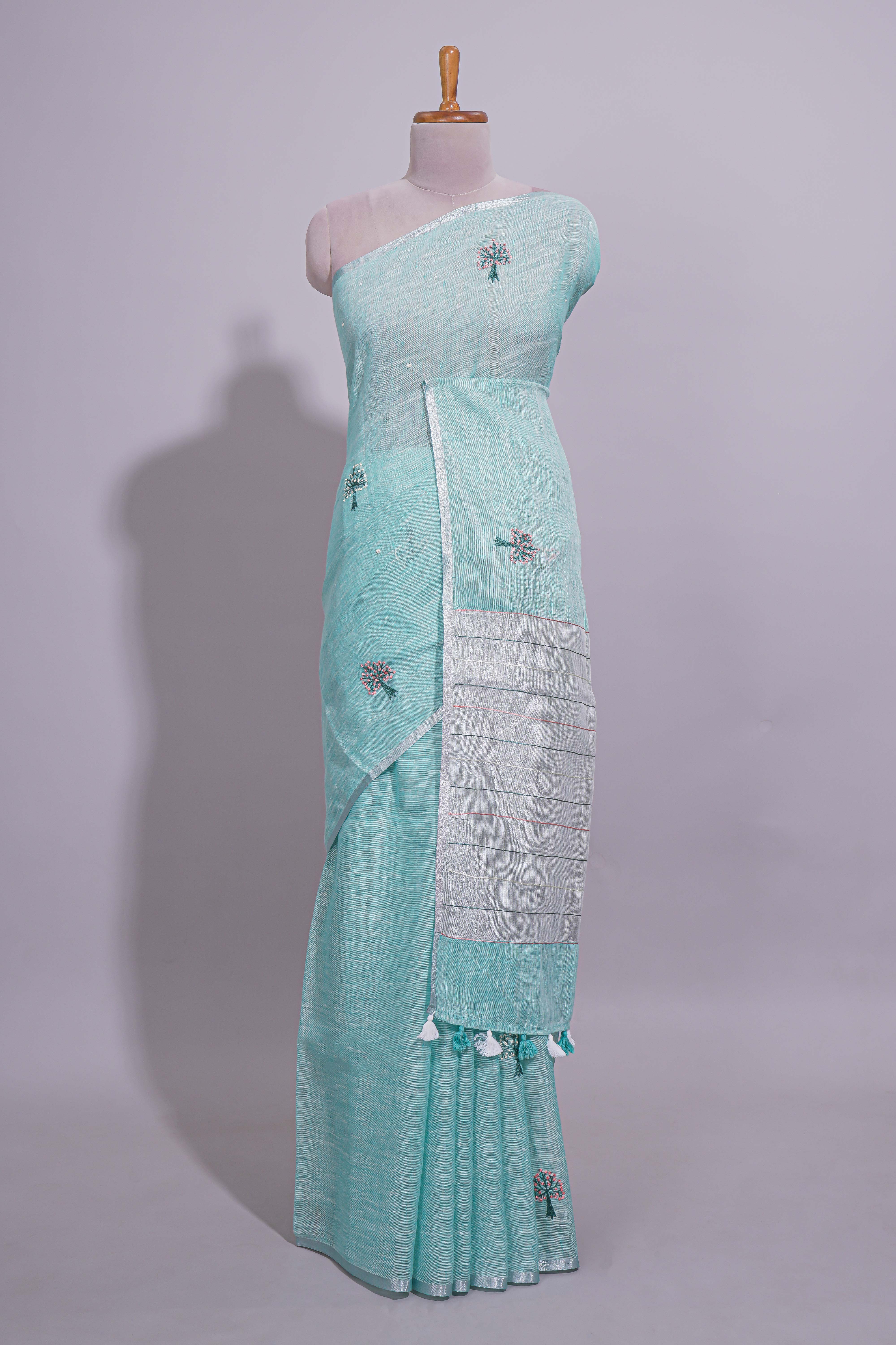 Dark Green & Grey Striped Linen Cotton Saree with Self Border, Contrast Panel Pallu, Thread Tassel Pallu & Matching Plain Blouse