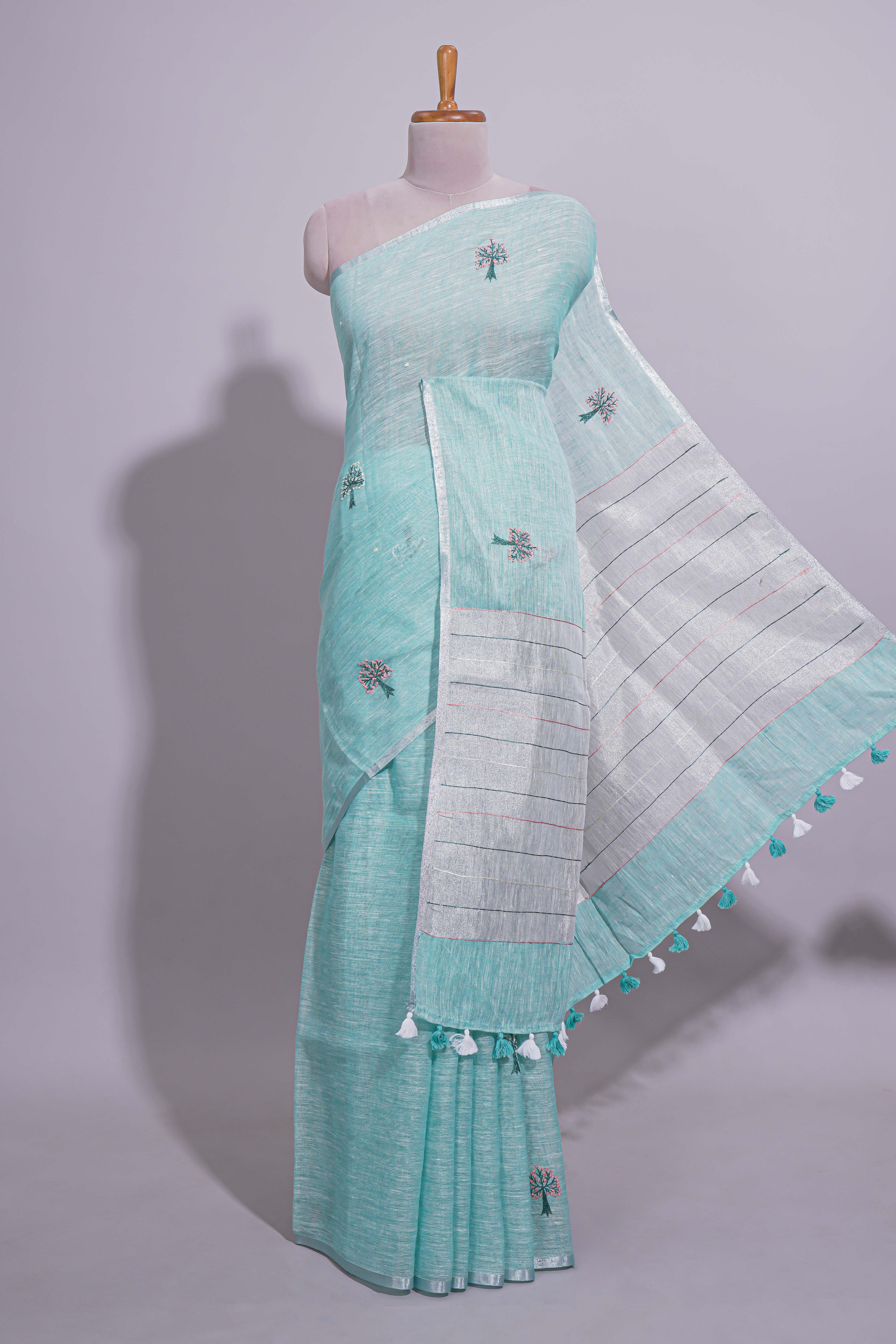 Light Blue unique motifs design linen cotton saree with self border and matching plain blouse