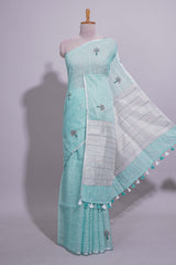 Dark Green and Grey Striped Linen Cotton Saree with Self Border and Matching Plain Blouse