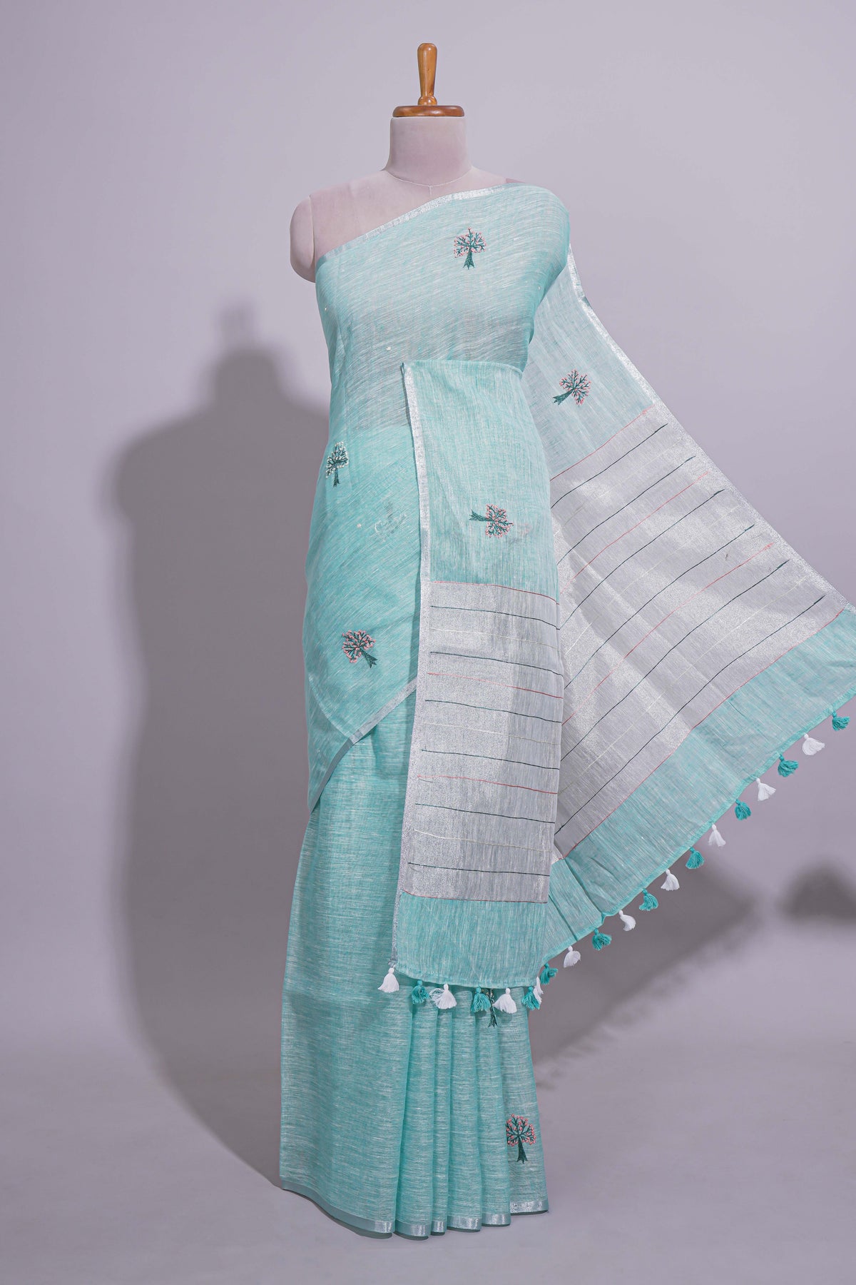 Dark Green and Grey Striped Linen Cotton Saree with Self Border and Matching Plain Blouse