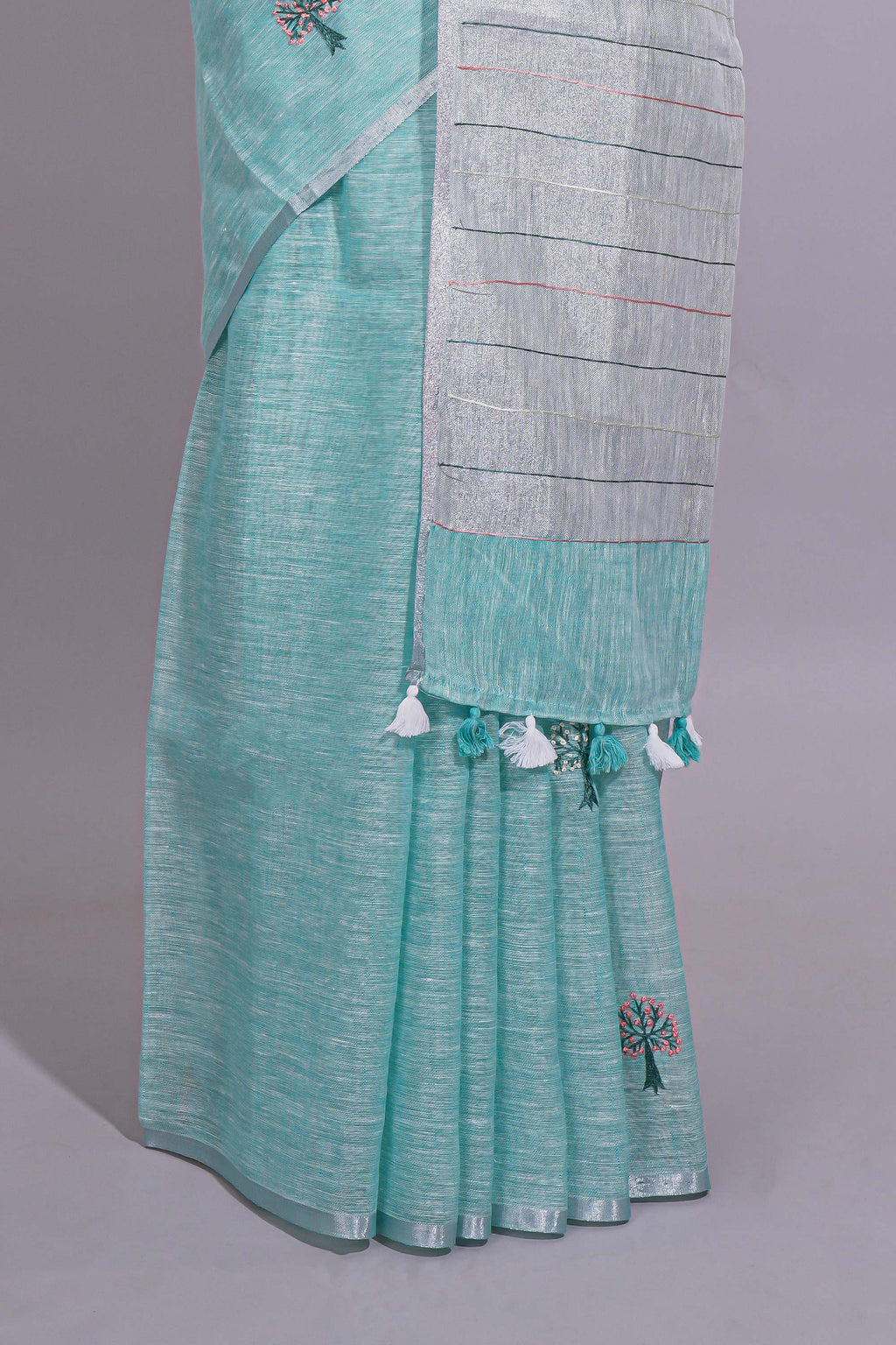 Light Blue unique motifs design linen cotton saree with self border and matching plain blouse