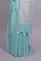 Dark Green and Grey Striped Linen Cotton Saree with Self Border and Matching Plain Blouse