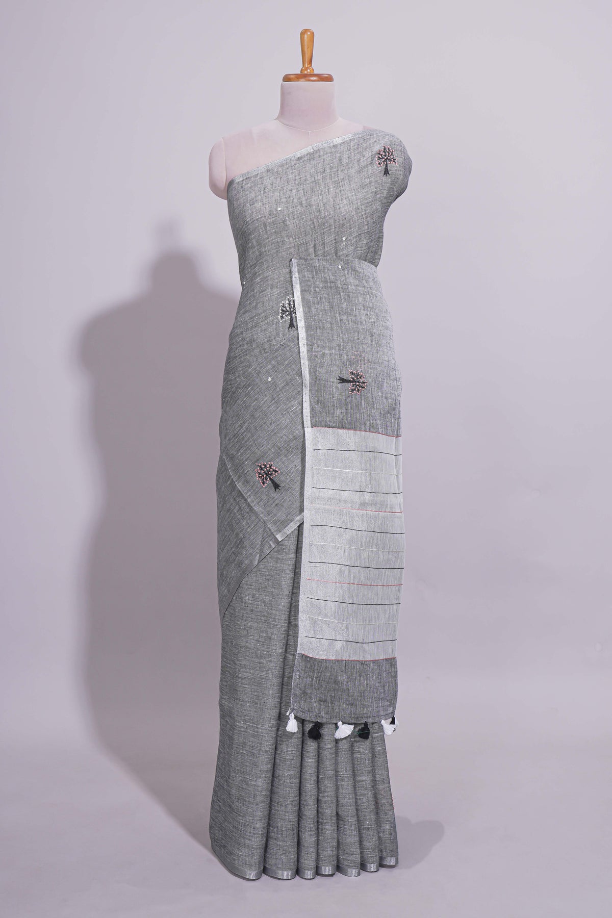 Grey Shade Linen Cotton Saree with Self Border and  Matching Plain Blouse