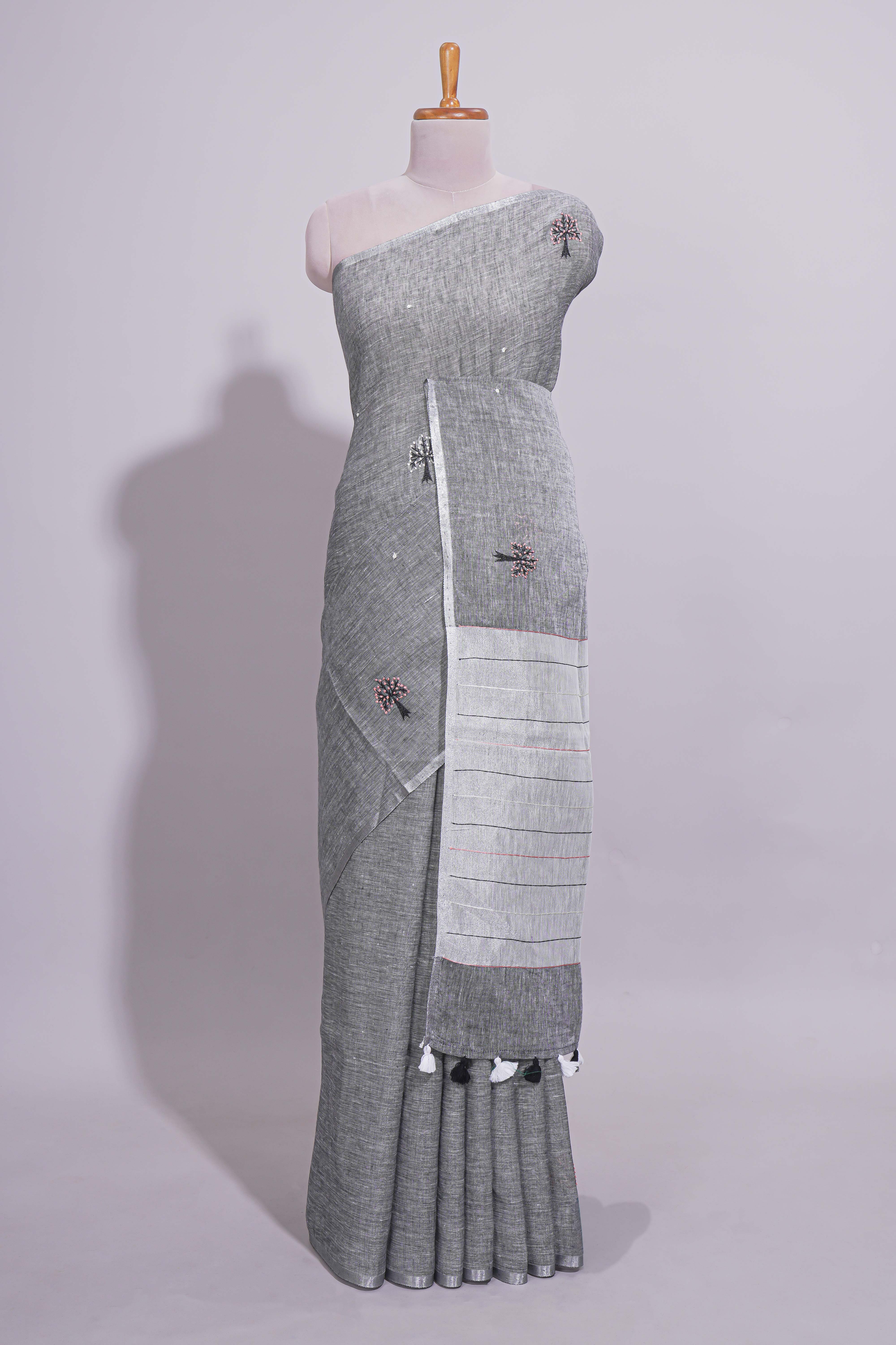 Grey Shade Linen Cotton Saree with Self Border, Thread Tassel Pallu & Matching Plain Blouse