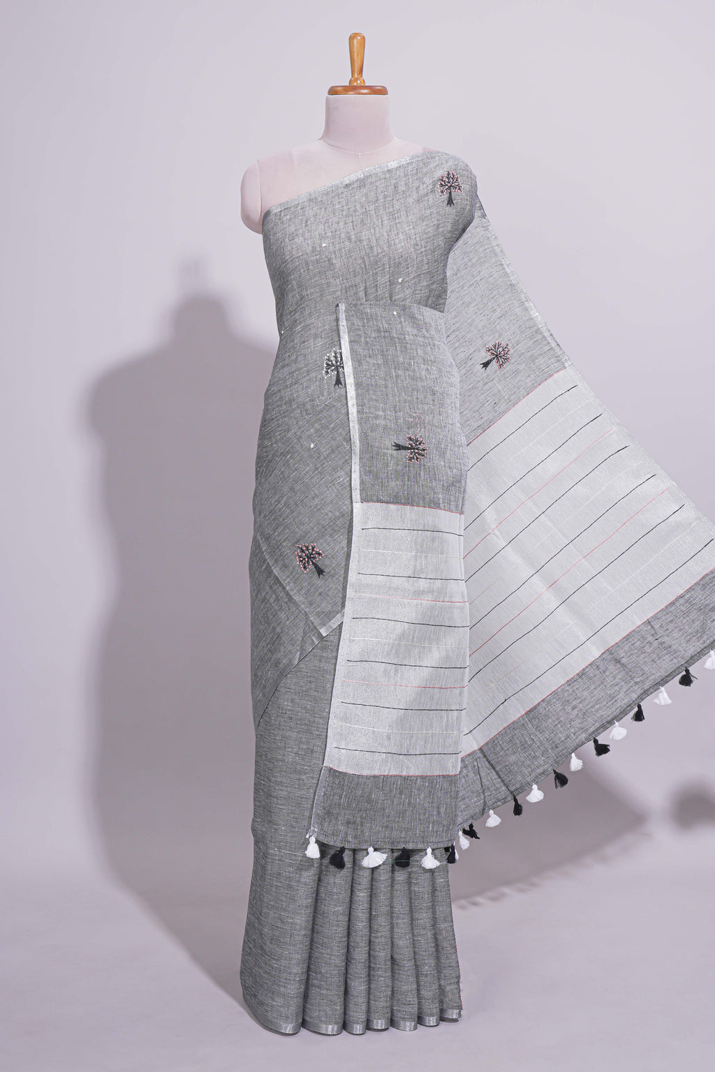 Grey Shade Linen Cotton Saree with Self Border and  Matching Plain Blouse