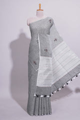 Grey Shade Linen Cotton Saree with Self Border andMatching Plain Blouse