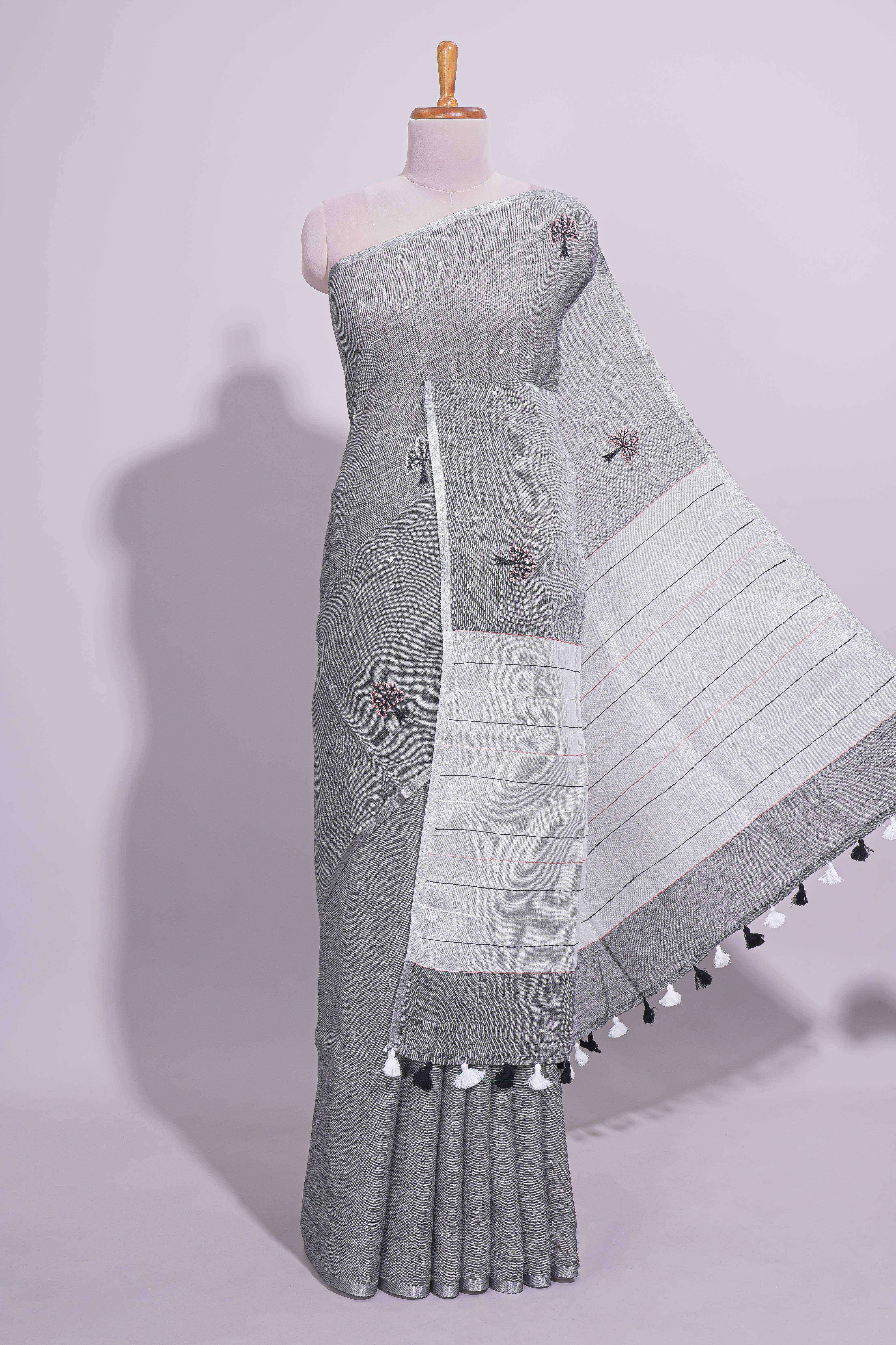 Grey Shade Linen Cotton Saree with Self Border, Thread Tassel Pallu & Matching Plain Blouse